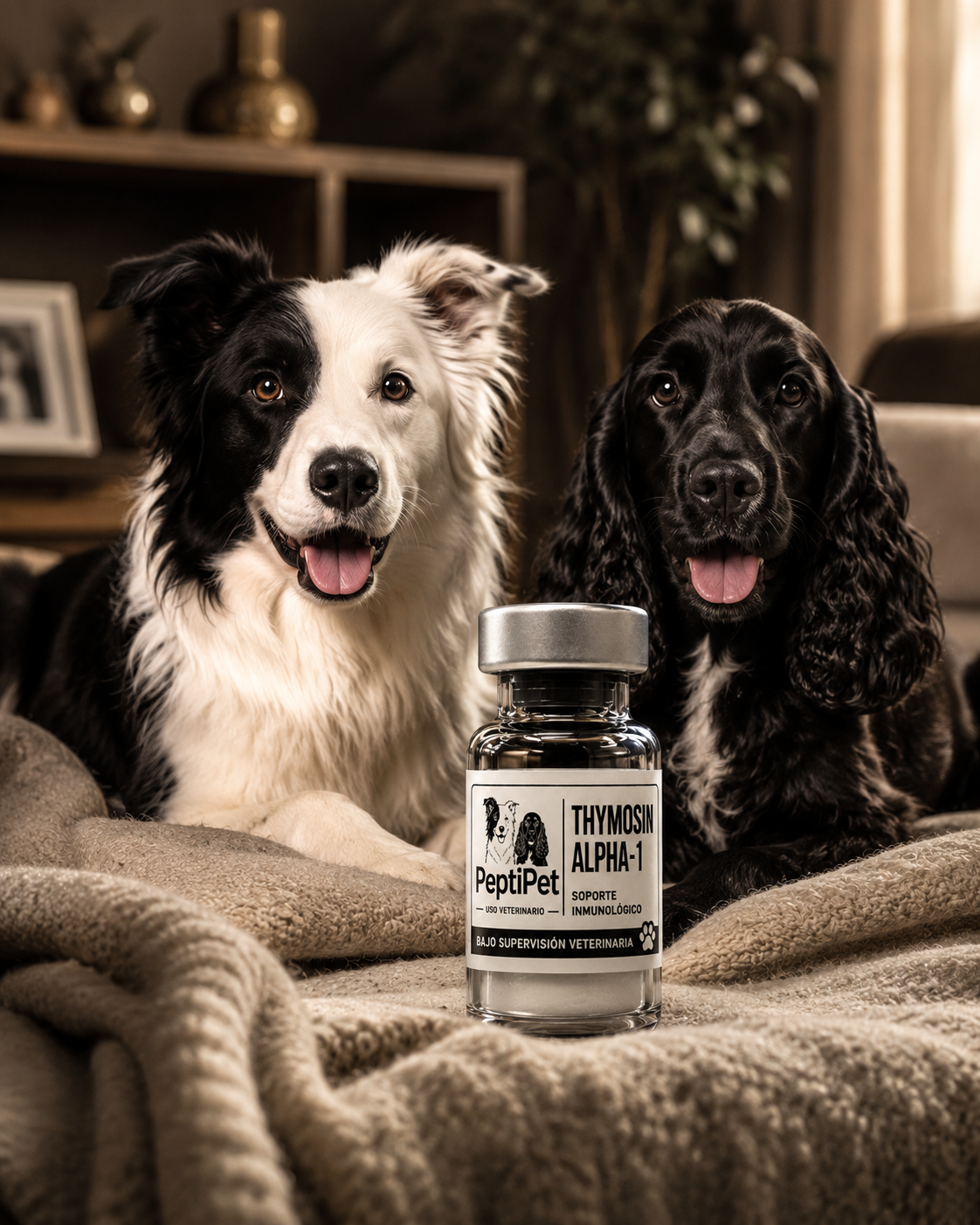 Dos perros descansando sobre una cobija en una sala acogedora junto a un vial PeptiPet MX