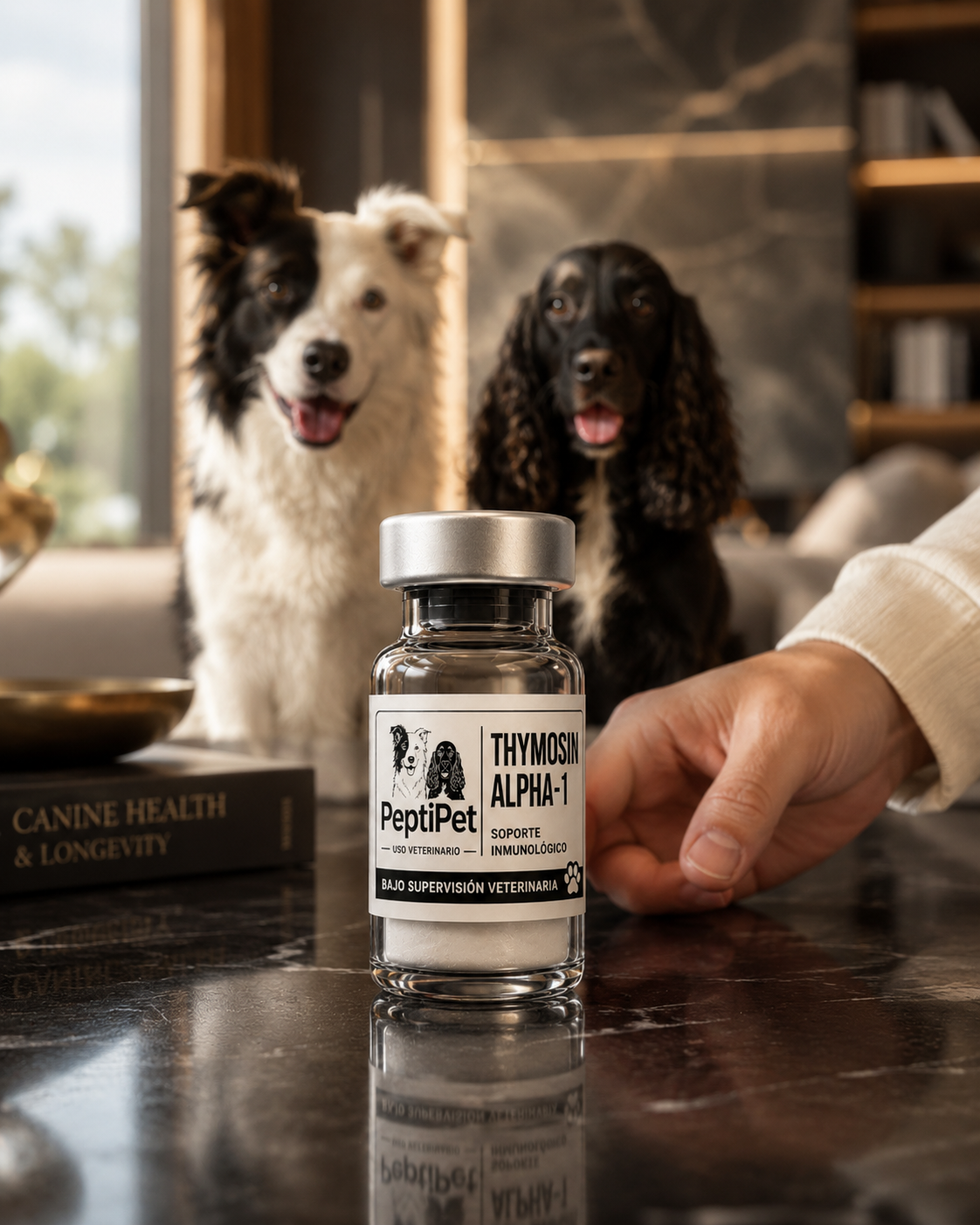 Perros en un hogar acogedor junto a un libro de salud y longevidad canina y un vial PeptiPet MX — investigación para cada etapa de vida