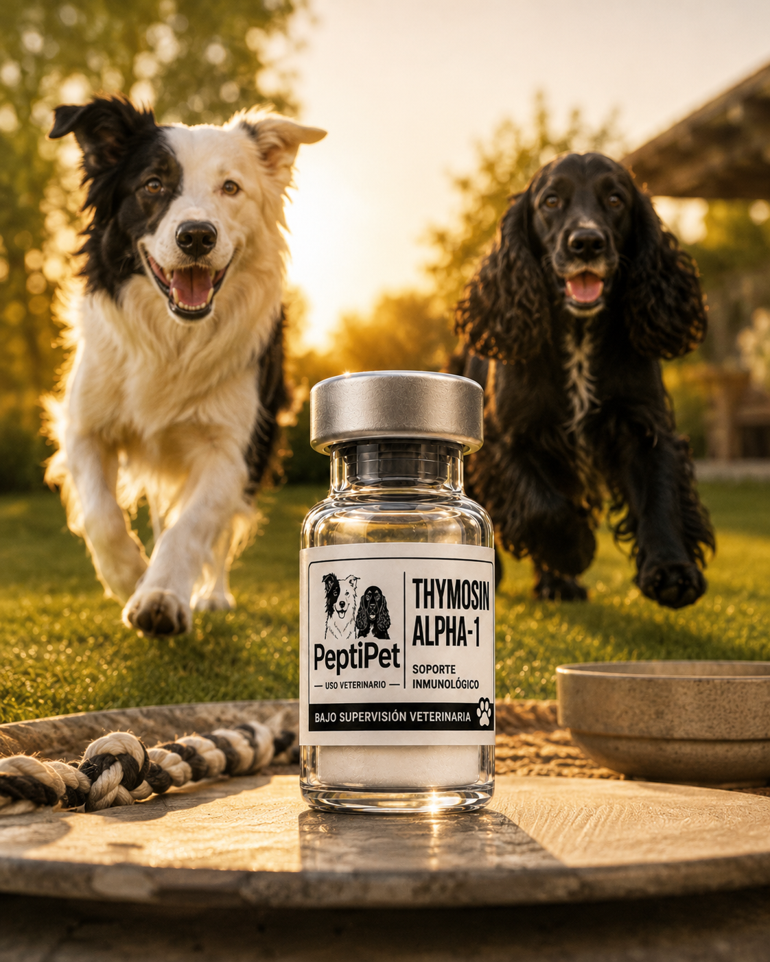 Dos perros felices corriendo en el jardín al atardecer junto a un vial PeptiPet MX — salud canina de grado investigación