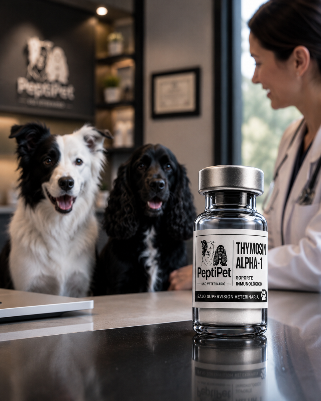 Perros acompañados por una médica veterinaria en bata blanca junto a un vial PeptiPet MX — bajo supervisión veterinaria